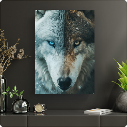 Affiche verticale en gros plan du visage d'un loup, divisé en deux moitiés distinctes. La moitié gauche présente le pelage blanc et givré d'un loup arctique avec un œil bleu perçant, entouré de flocons de neige. La moitié droite montre le pelage brun-gris d'un loup des bois avec un œil jaune doré intense, également parsemé de quelques flocons. Le nez noir du loup est au centre, créant un contraste saisissant entre le froid et le chaud, le jour et la nuit, ou la glace et le feu.
