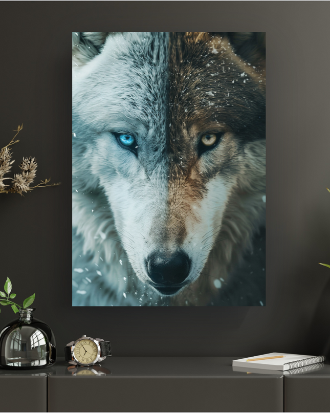 Affiche verticale en gros plan du visage d'un loup, divisé en deux moitiés distinctes. La moitié gauche présente le pelage blanc et givré d'un loup arctique avec un œil bleu perçant, entouré de flocons de neige. La moitié droite montre le pelage brun-gris d'un loup des bois avec un œil jaune doré intense, également parsemé de quelques flocons. Le nez noir du loup est au centre, créant un contraste saisissant entre le froid et le chaud, le jour et la nuit, ou la glace et le feu.