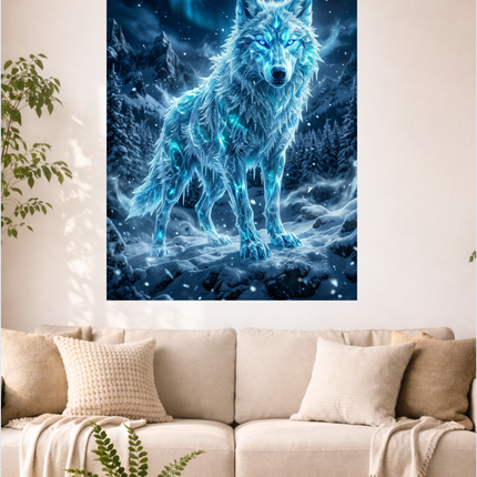 Affiche verticale représentant un loup majestueux fait de glace et de givre, aux yeux bleus lumineux, se tenant au centre d'une forêt enneigée avec des montagnes en arrière-plan. Le ciel nocturne est illuminé par des aurores boréales vertes et bleues, et de la neige légère tombe. L'ambiance est froide, mystique et féerique.