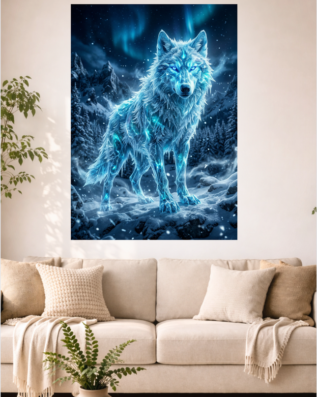 Affiche verticale représentant un loup majestueux fait de glace et de givre, aux yeux bleus lumineux, se tenant au centre d'une forêt enneigée avec des montagnes en arrière-plan. Le ciel nocturne est illuminé par des aurores boréales vertes et bleues, et de la neige légère tombe. L'ambiance est froide, mystique et féerique.