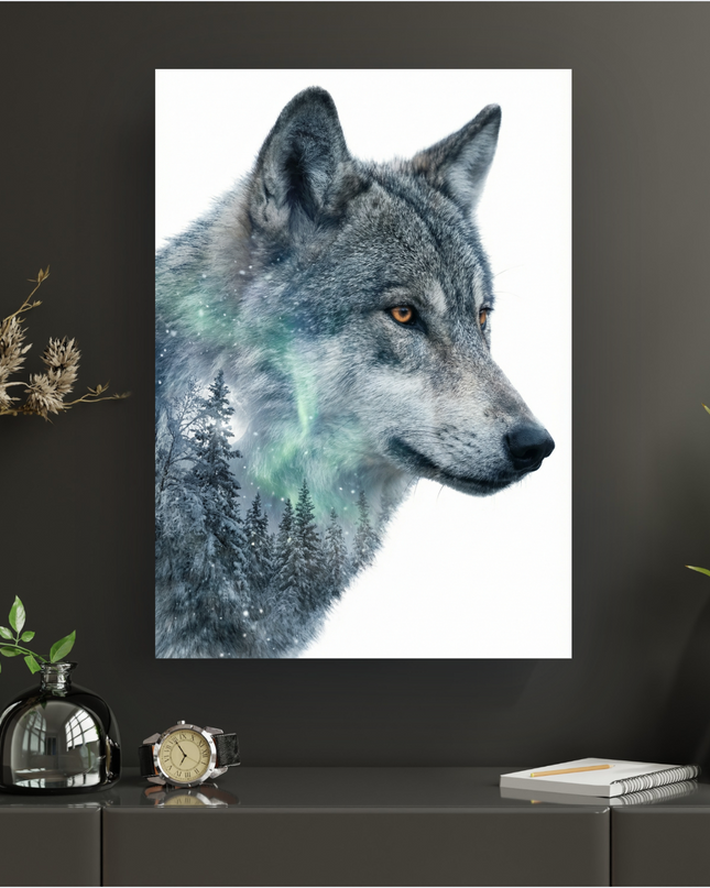 Affiche verticale d'un loup gris de profil, regardant vers la droite, sur fond blanc pur. Son pelage est en surimpression avec une forêt de conifères enneigée sous une aurore boréale verte et des flocons de neige. Les yeux du loup sont d'un orange ambré intense.