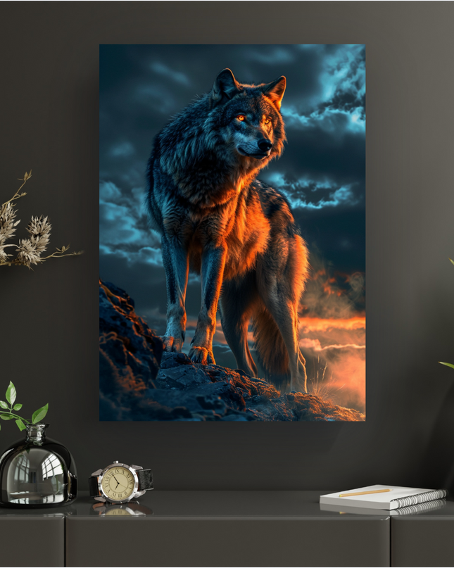 Affiche verticale d'un loup gris majestueux, debout sur un rocher escarpé. Le loup est éclairé par une lumière chaude orange venant du bas, contrastant avec un ciel orageux aux nuages sombres et bleutés. Ses yeux brillent d'une intense lueur orange. L'animal regarde vers la droite, son pelage détaillé et sa posture fière évoquant la puissance et la sauvagerie.