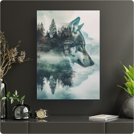 Affiche verticale représentant un loup en profil droit, dont le pelage est fusionné par double exposition avec un paysage forestier brumeux. On distingue des sapins, un lac reflétant le ciel clair, et un château ancien perché sur une colline au loin, le tout dans des tons froids de gris, bleu et vert.