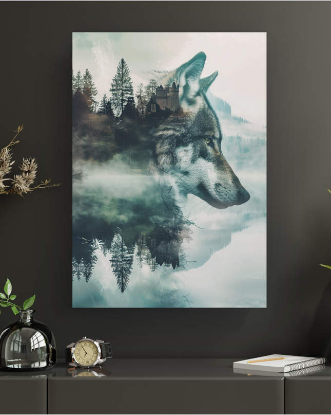 Affiche verticale représentant un loup en profil droit, dont le pelage est fusionné par double exposition avec un paysage forestier brumeux. On distingue des sapins, un lac reflétant le ciel clair, et un château ancien perché sur une colline au loin, le tout dans des tons froids de gris, bleu et vert.