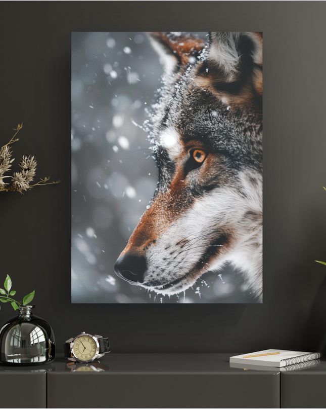 Affiche verticale d'un gros plan sur la tête d'un loup gris de profil, regardant vers la gauche. Sa fourrure est parsemée de flocons de neige, notamment sur le front et les joues. Ses yeux sont d'un orange intense et perçant. L'arrière-plan est flou avec des points lumineux, suggérant une chute de neige dans un environnement froid et sauvage.
