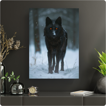 Affiche verticale représentant un loup noir au pelage sombre et aux yeux orange vif, debout dans une forêt enneigée. Des flocons de neige tombent doucement autour de lui, créant une atmosphère mystérieuse et intense. Le loup regarde directement l'observateur, son expression est perçante. Le sol est couvert de neige fraîche et de quelques herbes sèches.