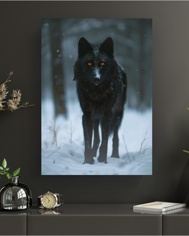 Affiche verticale représentant un loup noir au pelage sombre et aux yeux orange vif, debout dans une forêt enneigée. Des flocons de neige tombent doucement autour de lui, créant une atmosphère mystérieuse et intense. Le loup regarde directement l'observateur, son expression est perçante. Le sol est couvert de neige fraîche et de quelques herbes sèches.