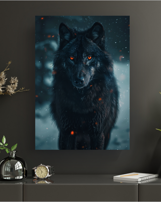 Affiche verticale présentant un loup noir majestueux au pelage dense et sombre. Il fixe le spectateur avec des yeux orange vif et lumineux. Le loup est positionné au centre d'un paysage hivernal enneigé et sombre, où des flocons de neige et des étincelles rougeoyantes flottent dans l'air, créant une ambiance mystérieuse et puissante. Les tons froids de bleu-gris de l'arrière-plan contrastent avec la chaleur intense des yeux et des étincelles.