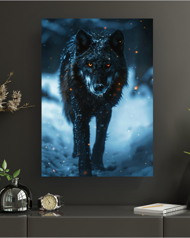 Affiche verticale d'un majestueux loup noir aux yeux orange lumineux, avançant dans un paysage enneigé et sombre. Des particules lumineuses orange flottent autour de lui, créant une atmosphère mystique et intense. Le loup est vu de face, avec de la neige sur son pelage sombre.