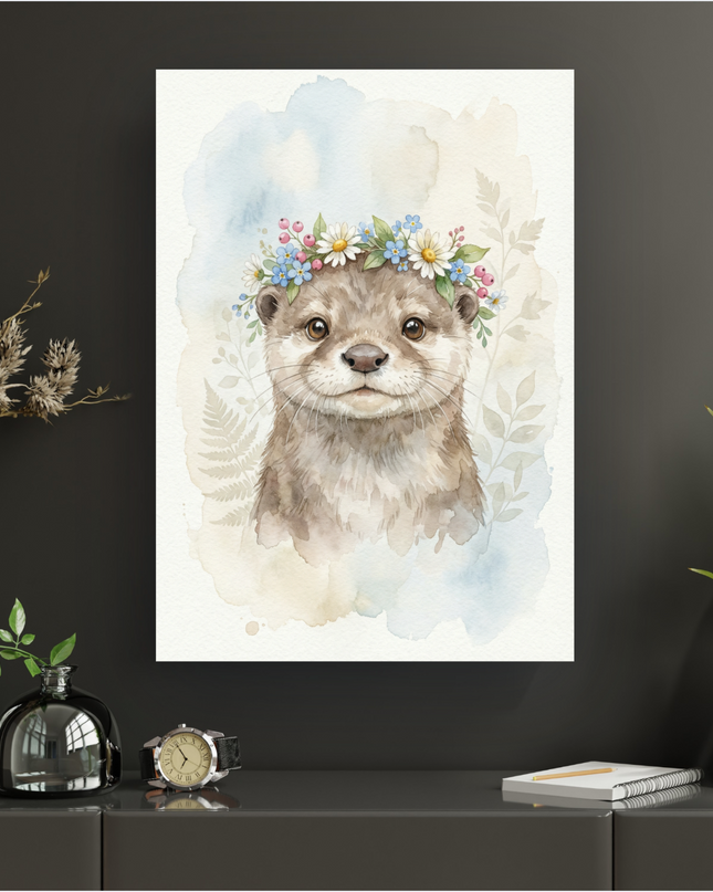 Affiche verticale en illustration aquarelle représentant une loutre souriante et attendrissante, portant une couronne de fleurs délicates composées de marguerites, myosotis bleus et petites baies rouges. Le fond est un dégradé doux de teintes bleu pâle et beige avec des motifs de feuilles stylisées, créant une atmosphère onirique. L'affiche est présentée sur un mur sombre dans un intérieur moderne et épuré.