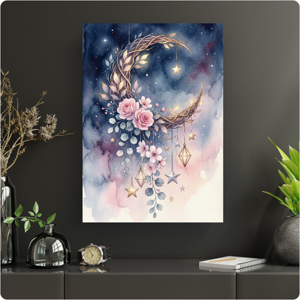 Affiche verticale de style aquarelle représentant une lune en croissant formée de branches entrelacées, ornée de roses roses, de fleurs de cerisier pâles et de feuillage vert-bleu. Des étoiles dorées et des lanternes géométriques stylisées pendent de la lune. Le fond est un dégradé de bleu nuit profond, de violet et de rose pastel, parsemé d'étoiles scintillantes, évoquant un ciel nocturne doux et onirique. L'ensemble est lumineux, délicat et poétique.