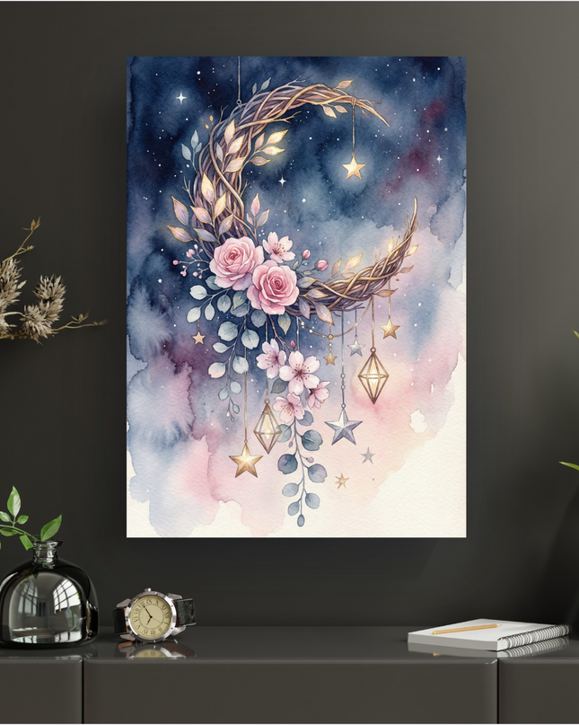 Affiche verticale de style aquarelle représentant une lune en croissant formée de branches entrelacées, ornée de roses roses, de fleurs de cerisier pâles et de feuillage vert-bleu. Des étoiles dorées et des lanternes géométriques stylisées pendent de la lune. Le fond est un dégradé de bleu nuit profond, de violet et de rose pastel, parsemé d'étoiles scintillantes, évoquant un ciel nocturne doux et onirique. L'ensemble est lumineux, délicat et poétique.