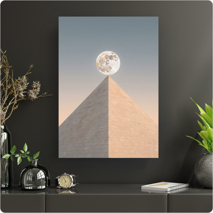 Affiche verticale représentant une pleine lune détaillée et lumineuse posée en équilibre parfait sur la pointe d'une pyramide en pierre claire. Le ciel en arrière-plan présente un dégradé doux de bleu-gris à pêche. L'affiche est présentée sur un mur gris foncé au-dessus d'un meuble bas, entourée de vases et de plantes.