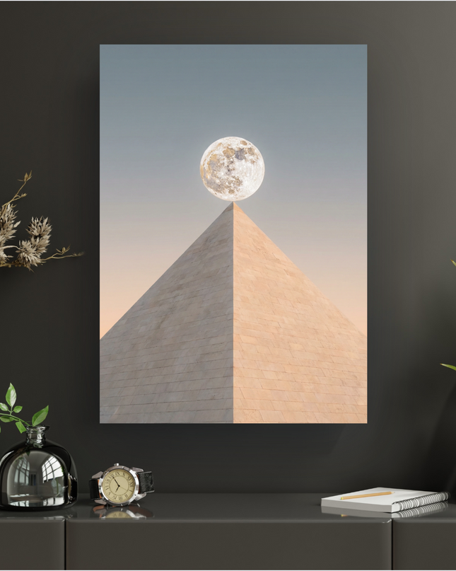 Affiche verticale représentant une pleine lune détaillée et lumineuse posée en équilibre parfait sur la pointe d'une pyramide en pierre claire. Le ciel en arrière-plan présente un dégradé doux de bleu-gris à pêche. L'affiche est présentée sur un mur gris foncé au-dessus d'un meuble bas, entourée de vases et de plantes.