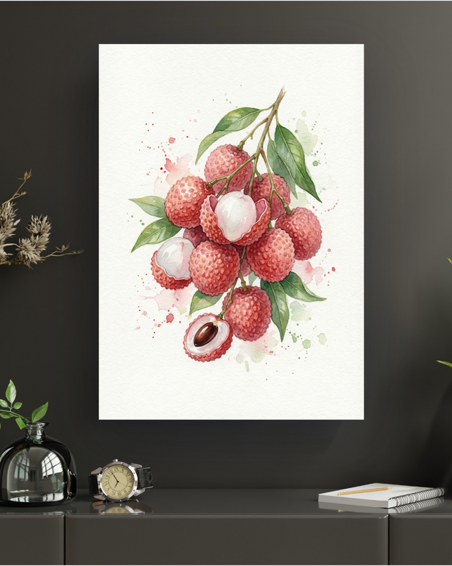 Affiche murale représentant une grappe de lychees frais illustrés à l'aquarelle sur un fond blanc pur. Les fruits sont d'un rose-rouge vif avec des coques texturées, accompagnés de feuilles vertes. Plusieurs lychees sont ouverts, révélant leur chair blanche translucide et leur noyau foncé. Des éclaboussures de peinture rose et verte entourent délicatement la grappe, ajoutant un effet artistique et dynamique.