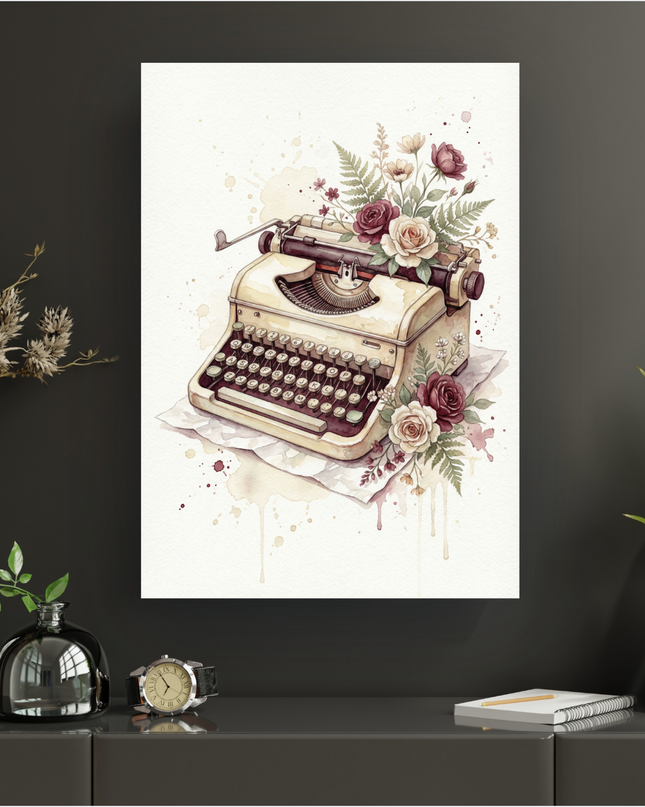 Affiche murale représentant une machine à écrire vintage de couleur crème, ornée de roses aux teintes bordeaux et crème, de petites fleurs sauvages et de feuilles de fougère. L'illustration est réalisée dans un style aquarelle doux, avec des éclaboussures et des coulures de peinture qui ajoutent une touche artistique et délicate. Le fond est blanc cassé, accentuant l'aspect intemporel et poétique de la scène.
