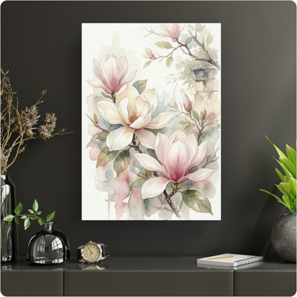 Affiche murale représentant une illustration à l'aquarelle de fleurs de magnolia aux pétales roses pâles et crème, avec des feuilles vertes tendres et des branches subtiles sur un fond clair et doux. L'œuvre évoque la délicatesse et la sérénité du printemps, idéale pour une décoration apaisante.