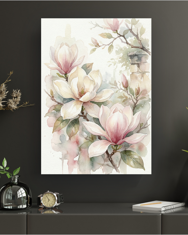 Affiche murale représentant une illustration à l'aquarelle de fleurs de magnolia aux pétales roses pâles et crème, avec des feuilles vertes tendres et des branches subtiles sur un fond clair et doux. L'œuvre évoque la délicatesse et la sérénité du printemps, idéale pour une décoration apaisante.