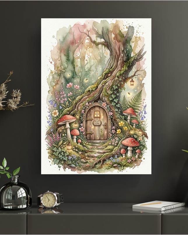 Affiche murale en aquarelle représentant une maison de fée enchantée au pied d'un grand arbre noueux. La porte en bois porte l'inscription 'Fairy Home' et est entourée de fleurs colorées, de champignons rouges vifs, de lierre grimpant, de lanternes lumineuses et de lucioles scintillantes, le tout dans une forêt aux teintes douces et pastel.