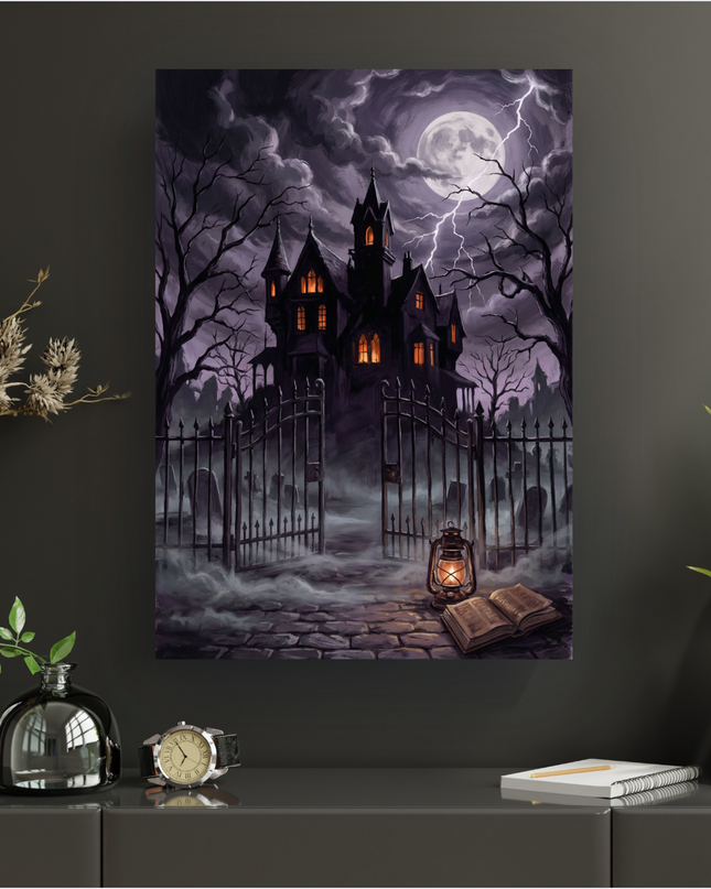 Affiche verticale représentant une imposante maison hantée aux fenêtres illuminées, sous un ciel d'orage violet et noir, déchiré par un éclair et dominé par une pleine lune éclatante. Des arbres dénudés et un cimetière avec des tombes entourent la propriété, derrière un portail en fer forgé ouvert. Au premier plan, une lanterne ancienne allumée et un livre ouvert reposent sur des pavés humides, entourés d'une brume légère.