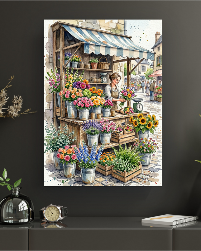 Une illustration à l'aquarelle représentant une charmante scène de marché aux fleurs vintage. Une fleuriste souriante, vêtue d'un tablier, prépare un bouquet devant son étal en bois rustique. L'étal est rempli de seaux et de caisses en bois débordant de fleurs colorées variées : roses, tournesols, lavande, delphiniums bleus, et feuillages verts comme l'eucalyptus. Un auvent rayé bleu et blanc protège l'étal. En arrière-plan, une rue pavée animée avec des passants et des bâtiments anciens aux façades claire…