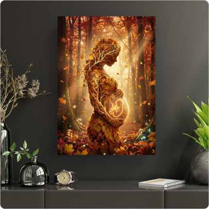 Affiche murale représentant une silhouette de femme enceinte, dont le corps est formé de feuilles d'automne aux teintes oranges et dorées et de branches d'arbre. Elle se tient dans une forêt enchantée, baignée par des rayons de lumière filtrant à travers les arbres aux feuillages flamboyants. Un fœtus lumineux et stylisé brille doucement dans son ventre, symbolisant la vie et la naissance. Des lucioles ou particules lumineuses flottent autour d'elle, créant une ambiance mystique et sereine. Le sol est jonc…