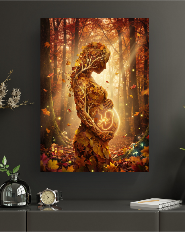 Affiche murale représentant une silhouette de femme enceinte, dont le corps est formé de feuilles d'automne aux teintes oranges et dorées et de branches d'arbre. Elle se tient dans une forêt enchantée, baignée par des rayons de lumière filtrant à travers les arbres aux feuillages flamboyants. Un fœtus lumineux et stylisé brille doucement dans son ventre, symbolisant la vie et la naissance. Des lucioles ou particules lumineuses flottent autour d'elle, créant une ambiance mystique et sereine. Le sol est jonc…