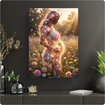 Affiche verticale représentant une femme enceinte en silhouette, le corps composé de fleurs lumineuses aux couleurs pastel et de traînées de lumière dorée. Elle se tient dans un champ de fleurs sauvages variées et colorées, sous un soleil couchant. Des papillons virevoltent autour d'elle. Un embryon lumineux est visible dans son ventre, entouré par ses mains. L'image évoque la vie, la maternité, la nature et la féerie.