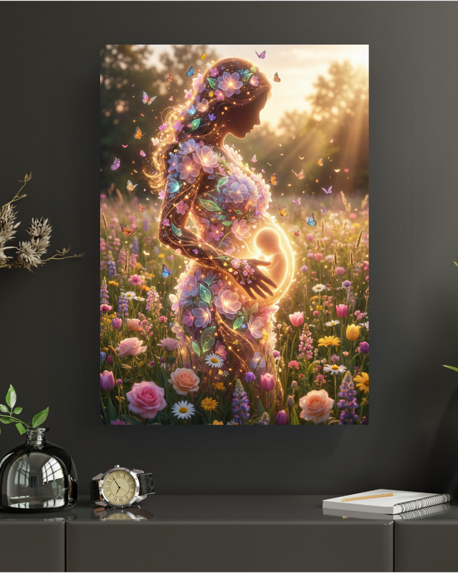 Affiche verticale représentant une femme enceinte en silhouette, le corps composé de fleurs lumineuses aux couleurs pastel et de traînées de lumière dorée. Elle se tient dans un champ de fleurs sauvages variées et colorées, sous un soleil couchant. Des papillons virevoltent autour d'elle. Un embryon lumineux est visible dans son ventre, entouré par ses mains. L'image évoque la vie, la maternité, la nature et la féerie.
