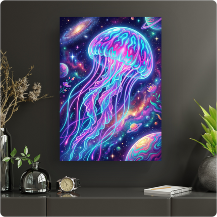 Affiche verticale vibrant de couleurs néon représentant une méduse lumineuse flottant dans un univers cosmique sombre parsemé d'étoiles, de galaxies lointaines et de planètes aux motifs psychédéliques. Les tentacules de la méduse émettent une lumière rose, bleue et violette, contrastant avec le fond spatial profond.