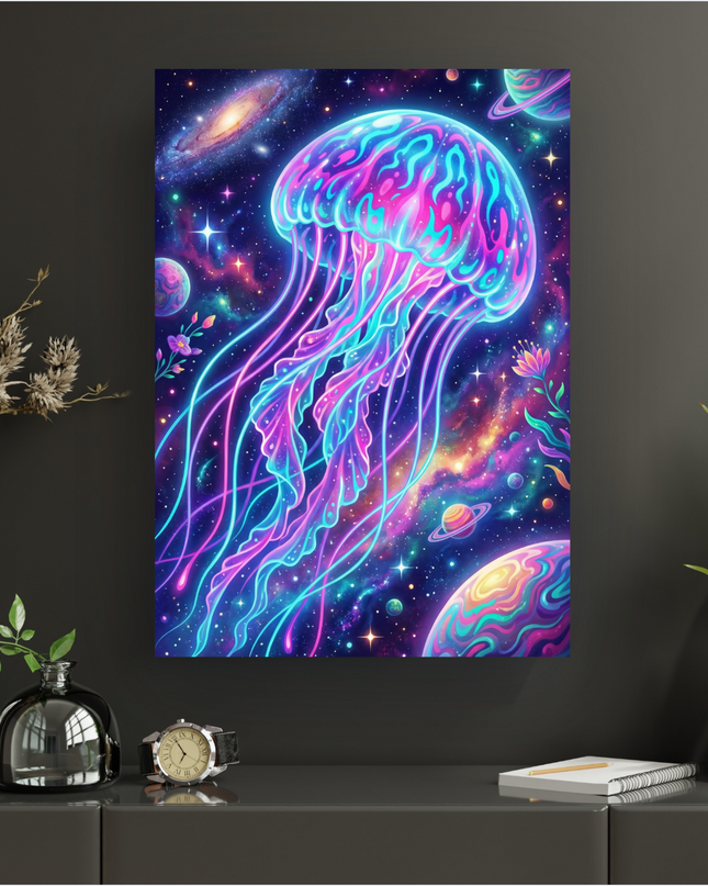 Affiche verticale vibrant de couleurs néon représentant une méduse lumineuse flottant dans un univers cosmique sombre parsemé d'étoiles, de galaxies lointaines et de planètes aux motifs psychédéliques. Les tentacules de la méduse émettent une lumière rose, bleue et violette, contrastant avec le fond spatial profond.