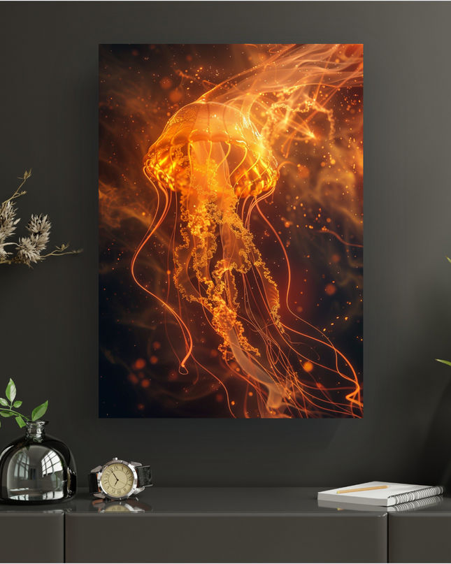 Affiche verticale représentant une méduse lumineuse aux teintes oranges et dorées, comme si elle était faite de feu ou d'énergie pure, flottant dans un environnement sombre et profond, parsemé de particules scintillantes. Ses tentacules et son corps irradient une lumière chaude et intense, créant un contraste saisissant avec l'arrière-plan obscur, évoquant un spectacle sous-marin fantastique.