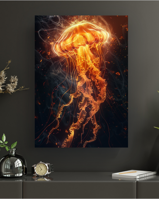 Affiche murale représentant une méduse lumineuse aux teintes orange et dorées, émettant une lumière intense et des particules scintillantes. Ses filaments et tentacules s'étirent dans un fond sombre et mystérieux, parsemé de petites étincelles et de volutes de fumée ou de brume. L'ensemble crée une atmosphère fantastique et vibrante, avec un contraste saisissant entre la créature éclatante et l'obscurité environnante.