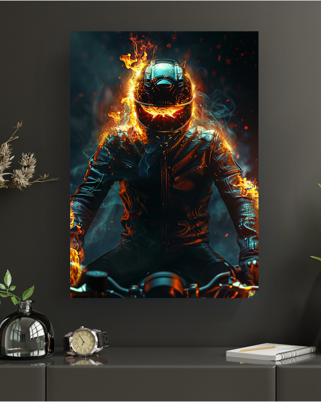 Affiche murale représentant un motard vêtu d'un blouson et d'un pantalon en cuir noir, assis sur sa moto. Son casque intégral noir est entouré de flammes oranges et jaunes intenses, qui émanent également de ses épaules et bras. Les yeux du casque brillent d'une lumière rougeoyante. L'arrière-plan est sombre et fumant, accentuant l'effet dramatique et puissant de la scène. L'ensemble dégage une impression de vitesse et d'énergie ardente.