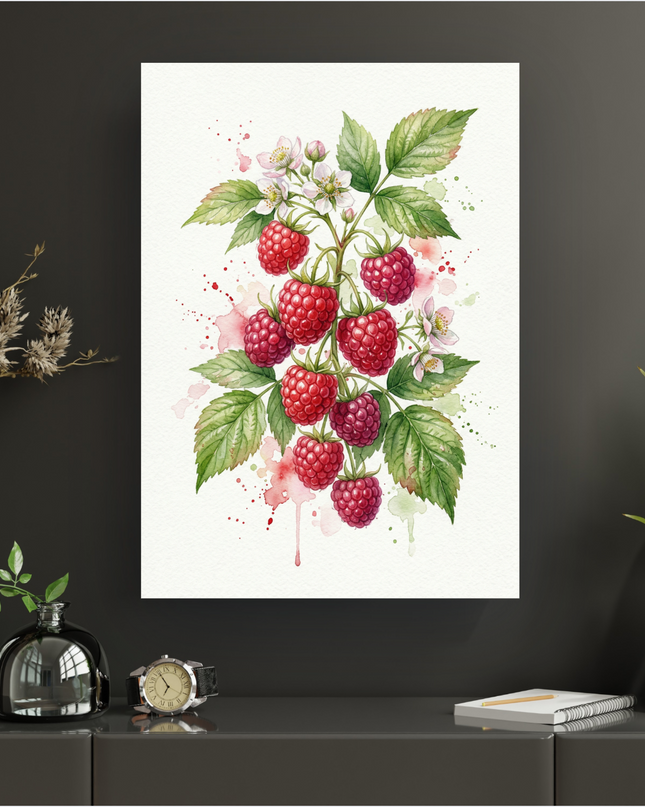 Affiche murale verticale représentant une illustration à l'aquarelle de framboises rouges mûres sur une branche avec des feuilles vertes et de petites fleurs blanches. Des éclaboussures de peinture rose et verte entourent les fruits, sur un fond blanc texturé. L'ensemble évoque la fraîcheur et la nature.