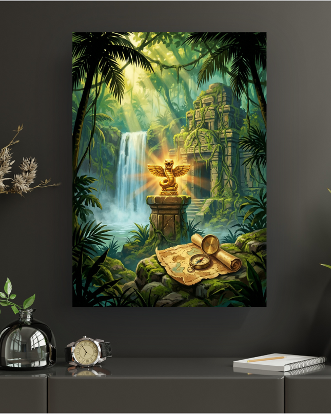 Affiche verticale représentant une scène de jungle luxuriante avec une cascade. Au centre, un temple ancien envahi par la végétation et une statue dorée de serpent ailé rayonnante sur un piédestal. Au premier plan, une carte au trésor déroulée, une boussole et une longue-vue reposent sur des rochers moussus. Des palmiers et une végétation dense encadrent la scène, baignée par des rayons de soleil traversant la canopée.