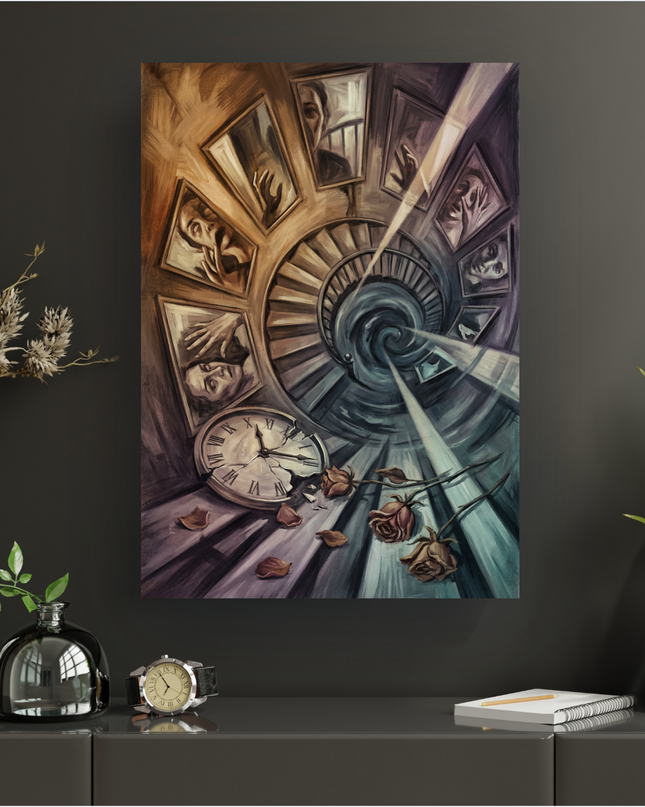 Affiche murale représentant une peinture à l'huile surréaliste et sombre. Au centre, un escalier en colimaçon plongeant vers une lumière lointaine, avec des rayons lumineux traversant l'obscurité. Sur les murs de l'escalier, des miroirs encadrés reflètent des visages et des mains aux expressions mélancoliques ou angoissées. Au premier plan, une horloge ancienne brisée avec des chiffres romains et des aiguilles cassées repose sur une marche, entourée de roses fanées et de pétales tombés. Les couleurs domina…