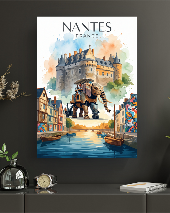 Affiche illustrée de Nantes en style aquarelle vibrante, représentant le Château des Ducs de Bretagne en arrière-plan, le Grand Éléphant des Machines de l'île au centre, et des maisons colorées bordant un canal avec des bateaux au premier plan. Le ciel est teinté de touches d'aquarelle orange et bleue, avec le texte 'NANTES FRANCE' en haut.