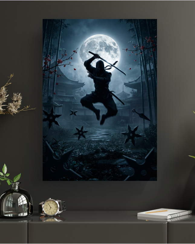 Affiche murale représentant un ninja en tenue noire, sautant en l'air avec deux katanas croisés, sous une pleine lune éclatante. L'arrière-plan montre une forêt de bambous, des temples japonais traditionnels et des shurikens volants ou éparpillés au sol. Les couleurs dominantes sont le bleu nuit, le gris foncé et le noir, avec des touches de rouge pour les fleurs de cerisier, créant une ambiance mystérieuse et dynamique.