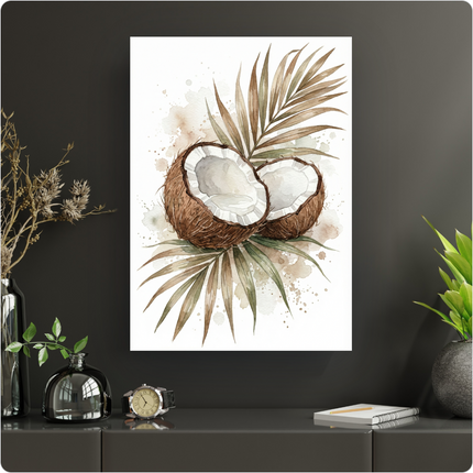 Affiche artistique représentant deux moitiés de noix de coco ouvertes, révélant leur chair blanche, posées sur des feuilles de palmier aux teintes vertes et beiges. L'illustration est réalisée à l'aquarelle avec des touches de peinture éclaboussées en arrière-plan, créant une ambiance tropicale douce et naturelle.