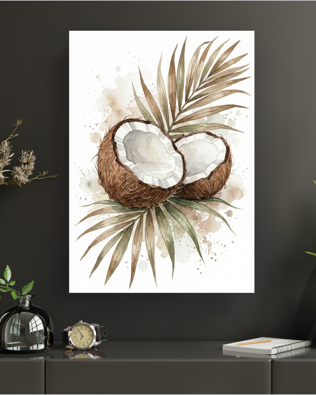 Affiche artistique représentant deux moitiés de noix de coco ouvertes, révélant leur chair blanche, posées sur des feuilles de palmier aux teintes vertes et beiges. L'illustration est réalisée à l'aquarelle avec des touches de peinture éclaboussées en arrière-plan, créant une ambiance tropicale douce et naturelle.