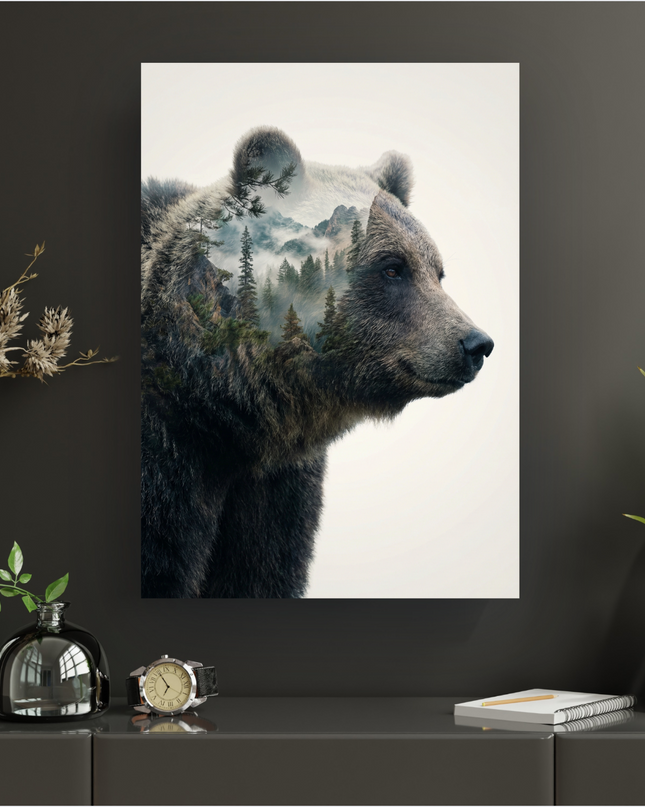 Affiche verticale représentant le profil droit d'un ours brun majestueux. Son corps et sa tête sont fusionnés par un effet de double exposition avec une image de forêt dense de conifères et de montagnes brumeuses, créant une scène naturelle et onirique. Le fond de l'affiche est blanc cassé, mettant en valeur l'illustration.