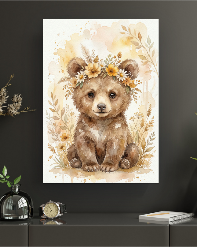 Affiche verticale présentant une illustration en aquarelle d'un adorable ourson brun, assis de face, avec un regard doux. Il porte une délicate couronne de petites fleurs jaunes et blanches et de feuillages. L'arrière-plan est un lavis doux d'aquarelle dans des tons crème et ocre, avec des motifs botaniques stylisés et des éclaboussures de peinture. L'ensemble dégage une atmosphère de tendresse et de nature.
