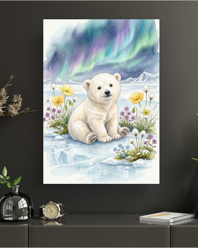 Affiche verticale illustrant un adorable ourson polaire en aquarelle, assis sur de la glace craquelée entouré de fleurs arctiques jaunes, violettes et blanches. En arrière-plan, des montagnes enneigées sous un ciel nocturne où dansent de vibrantes aurores boréales vertes et violettes. L'illustration est douce et lumineuse, évoquant la magie de l'Arctique.