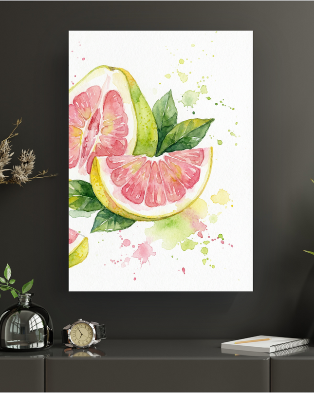 Affiche verticale représentant une illustration à l'aquarelle d'un pamplemousse rose vif coupé en deux et en tranche, accompagné de feuilles vertes. Des éclaboussures de peinture rose et verte entourent le fruit sur un fond blanc lumineux, évoquant la fraîcheur et l'été.