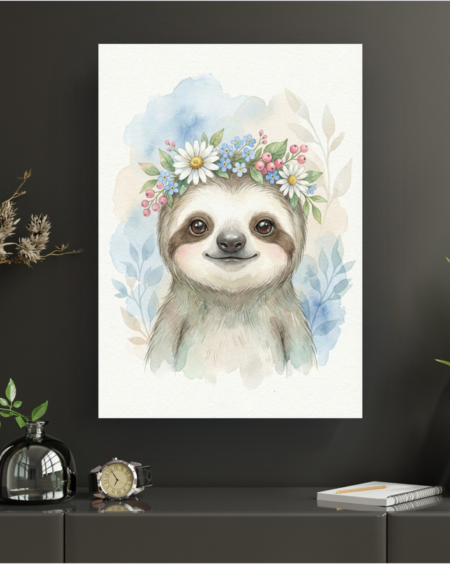 Affiche murale représentant un paresseux souriant en illustration aquarelle, portant une couronne de fleurs blanches, bleues et roses avec des baies, sur un fond pastel nuagé de bleu et de beige clair. Le style est doux et enfantin.