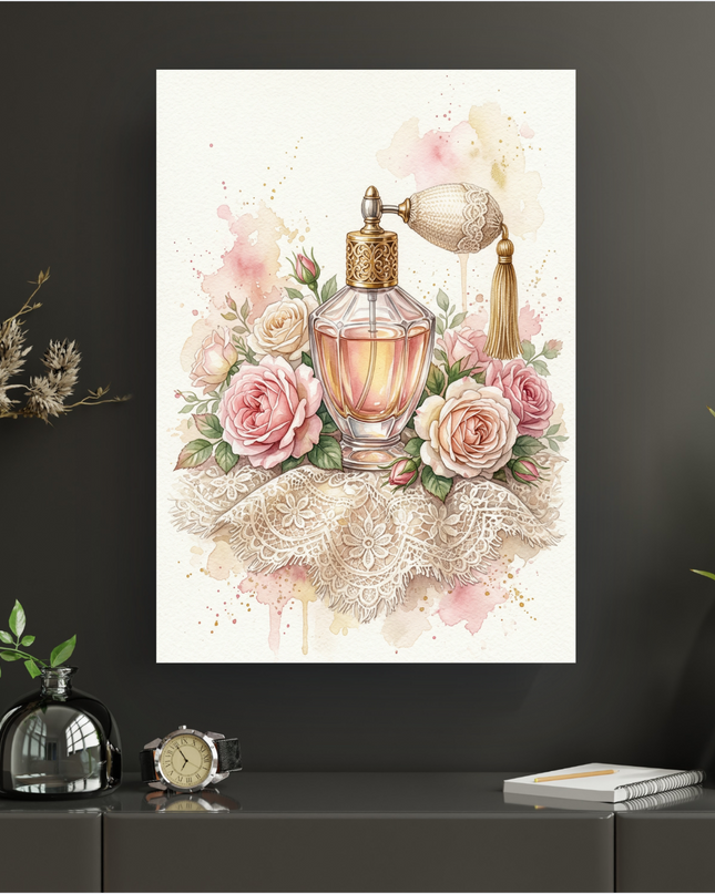 Affiche représentant une illustration à l'aquarelle d'un élégant flacon de parfum vintage avec un vaporisateur à poire doré et un pompon beige. Le flacon, rempli d'un liquide ambré rosé, est entouré d'un luxuriant bouquet de roses aux teintes douces de rose pâle et de crème, avec leurs feuilles vertes. L'ensemble repose sur un napperon en dentelle beige finement détaillé. Le fond est unifié par des éclaboussures artistiques d'aquarelle roses et dorées sur un fond blanc cassé.