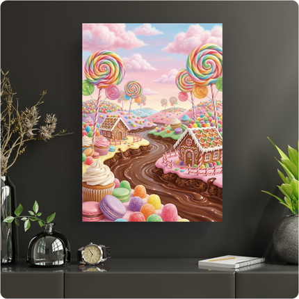 Affiche verticale illustrant un paysage fantastique et gourmand, où des maisons en pain d'épices aux toits roses et blancs se dressent au bord d'une rivière de chocolat. Le paysage est parsemé de collines recouvertes de bonbons colorés, de cupcakes, de macarons et de sucettes géantes en spirale aux couleurs vives. Le ciel est un dégradé de bleu pâle et de rose avec des nuages cotonneux. L'ensemble est lumineux, joyeux et très coloré, évoquant un monde de confiseries.