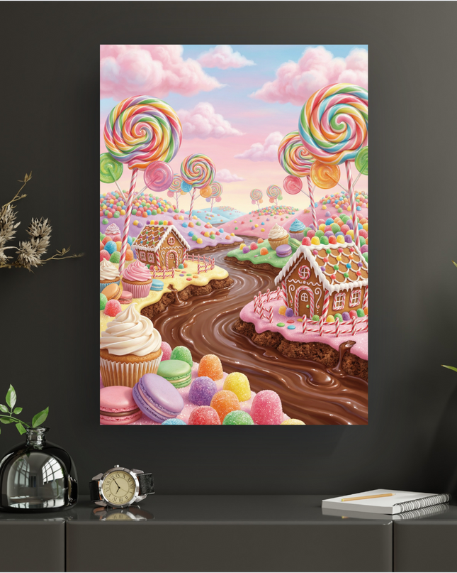 Affiche verticale illustrant un paysage fantastique et gourmand, où des maisons en pain d'épices aux toits roses et blancs se dressent au bord d'une rivière de chocolat. Le paysage est parsemé de collines recouvertes de bonbons colorés, de cupcakes, de macarons et de sucettes géantes en spirale aux couleurs vives. Le ciel est un dégradé de bleu pâle et de rose avec des nuages cotonneux. L'ensemble est lumineux, joyeux et très coloré, évoquant un monde de confiseries.
