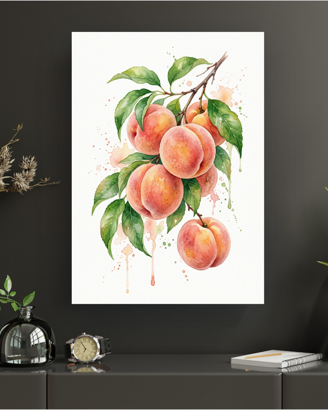 Affiche verticale représentant une illustration aquarelle d'une branche de pêches mûres avec leurs feuilles vertes. Des éclaboussures et coulures de peinture aux tons doux de pêche et de vert animent le fond blanc. L'affiche est présentée sur un mur sombre, posée sur un meuble bas gris anthracite, entourée de vases minimalistes et de verdure.